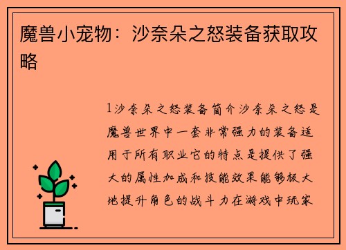 魔兽小宠物：沙奈朵之怒装备获取攻略